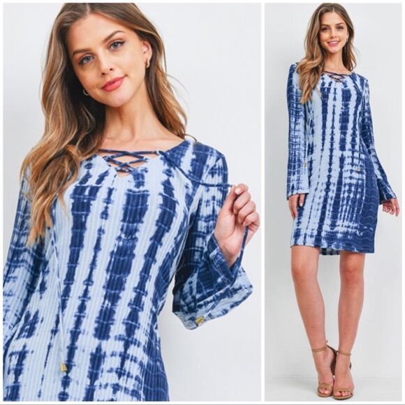 Butterfly Dsigns Navy Blue Tie Dye Lace Up Dress - Picture 2 of 3